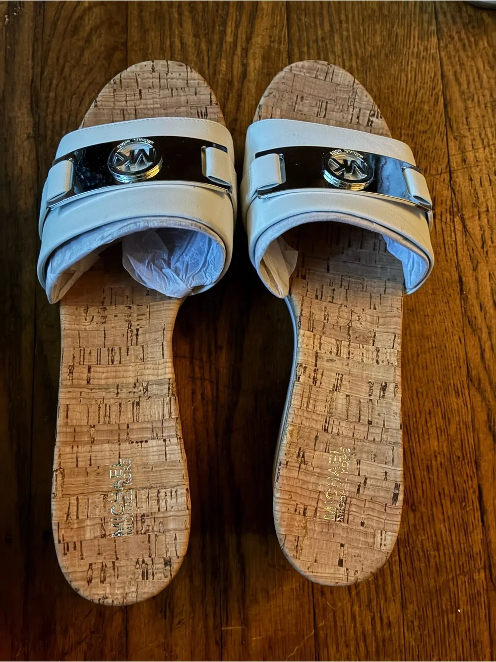 Michael Kors White Leather Cork-Trim Logo Slide Sandals